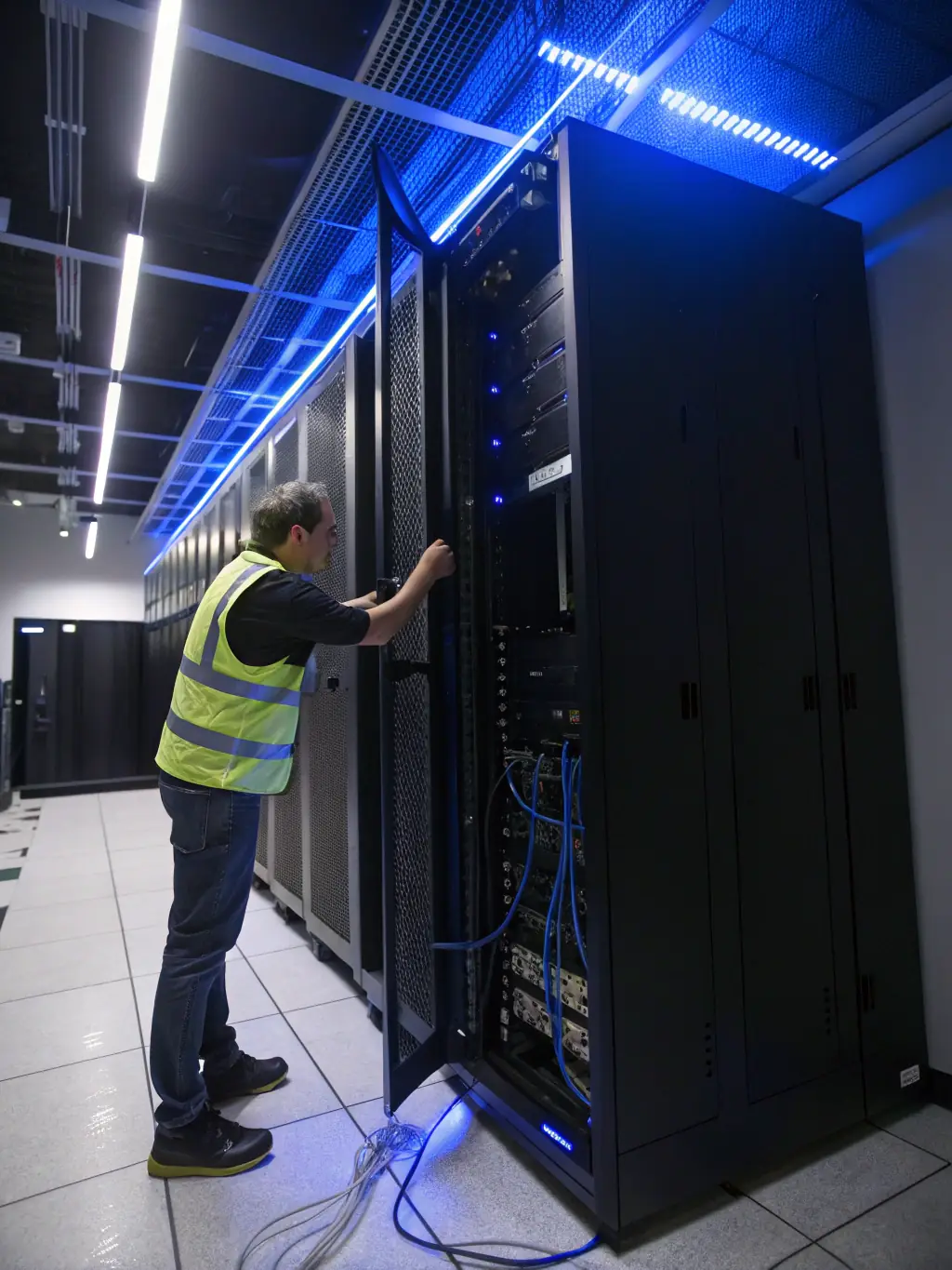 A technician installing a network switch in a server rack, showcasing DataTel 360's equipment installation service.