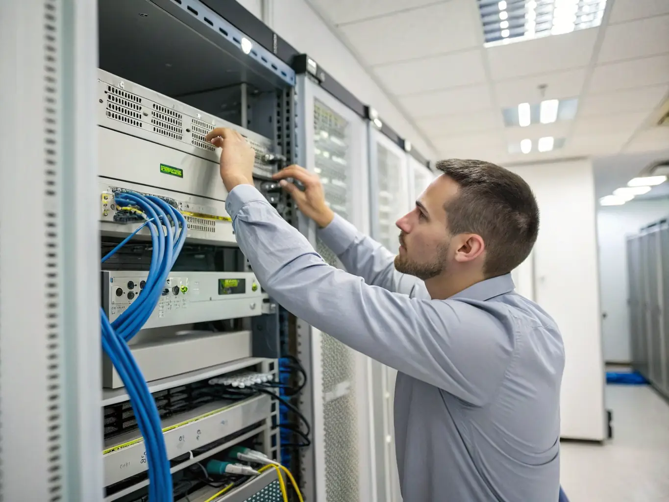 A close-up shot of a DataTel 360 technician meticulously labeling network cables in a data center, emphasizing the company's focus on professional execution and attention to detail.