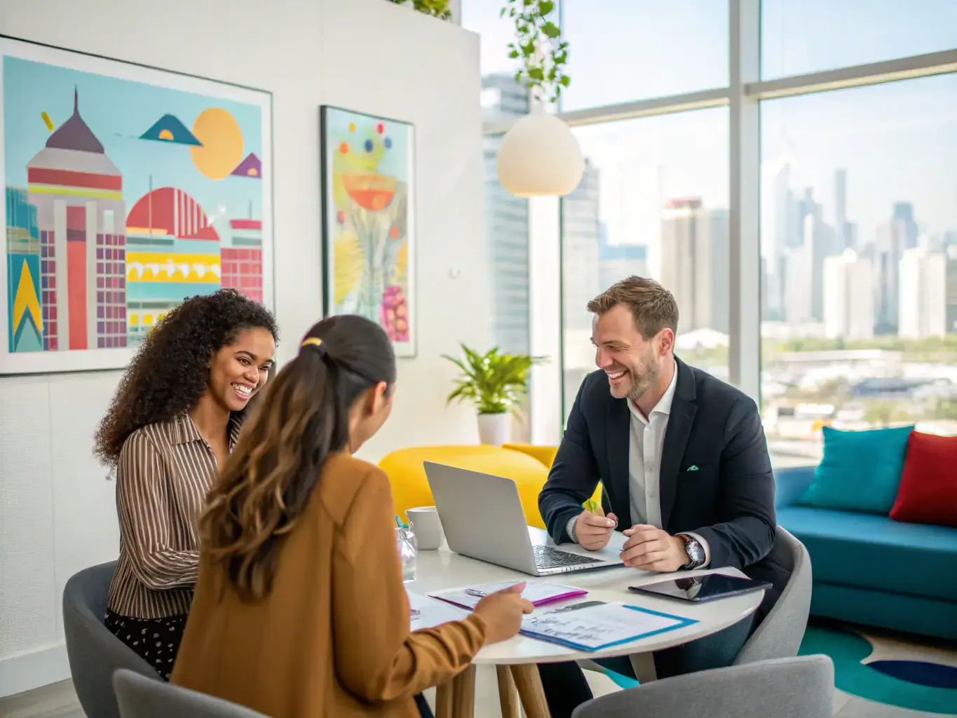 A well-maintained property management office with staff interacting with tenants, showcasing DataTel 360's property management solutions.