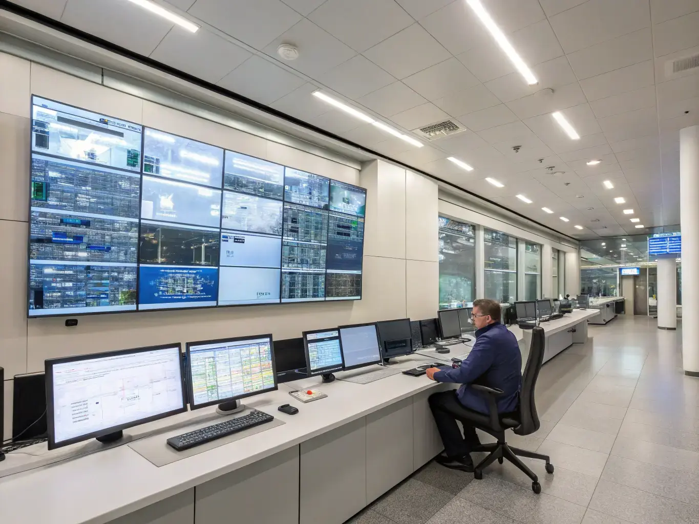 A facilities management control room with various monitors displaying building systems and data, highlighting DataTel 360's facilities management solutions.