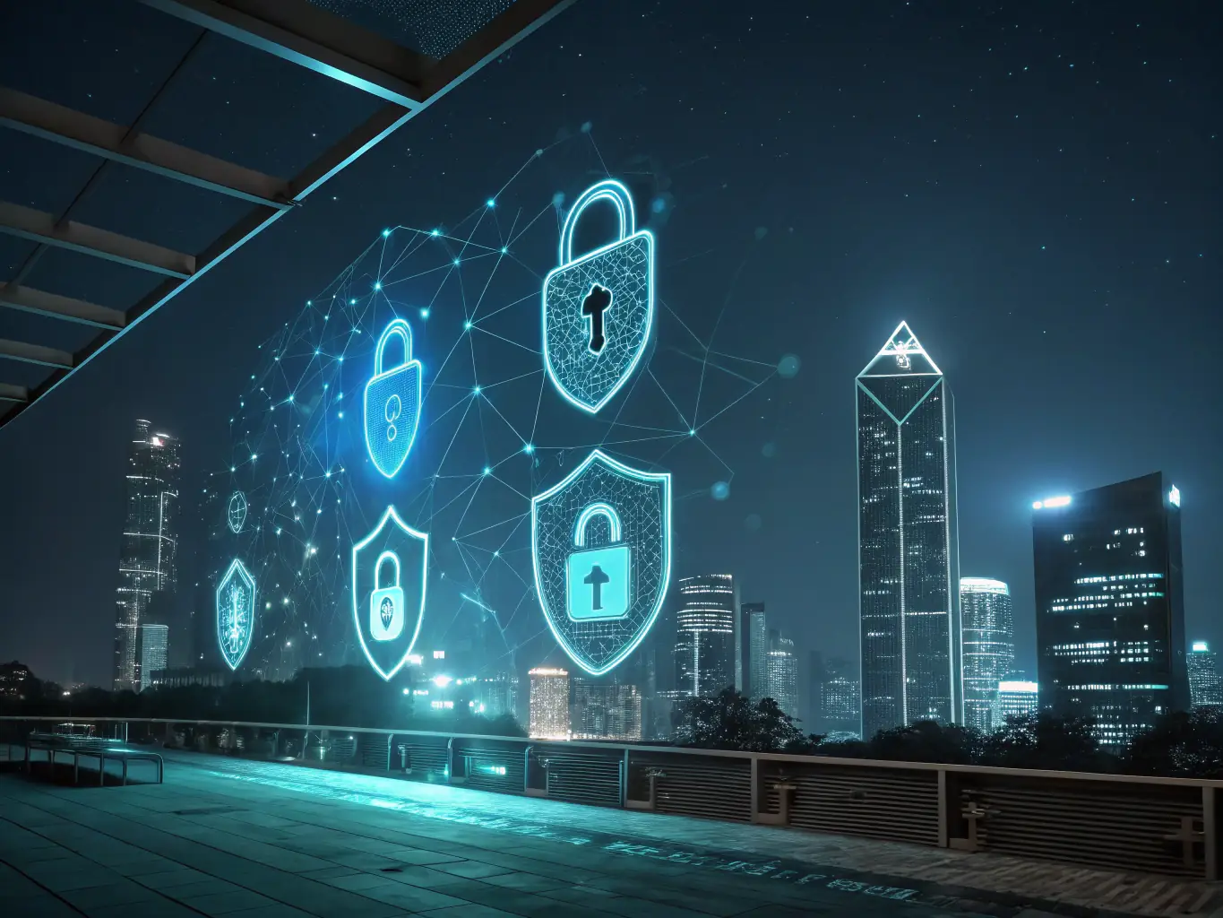 A graphic illustrating various security protocols and firewalls protecting a network, emphasizing DataTel 360's focus on enhanced network security.
