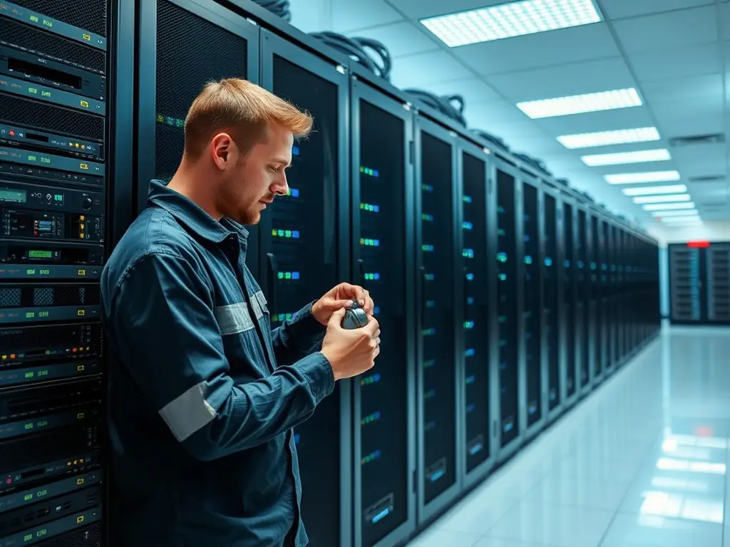 A photograph depicting a DataTel 360 technician carefully installing network cables in a server rack, ensuring proper labeling and organization.