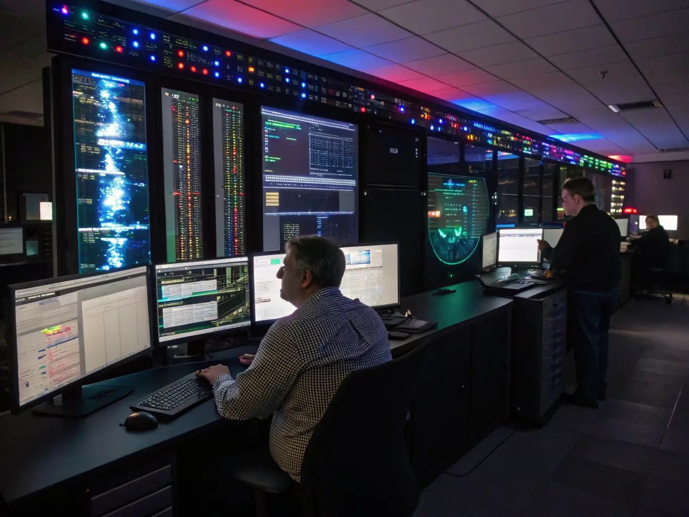 An image depicting a network operations center (NOC) with engineers monitoring network performance and quickly resolving issues, showcasing DataTel 360's commitment to minimizing downtime.