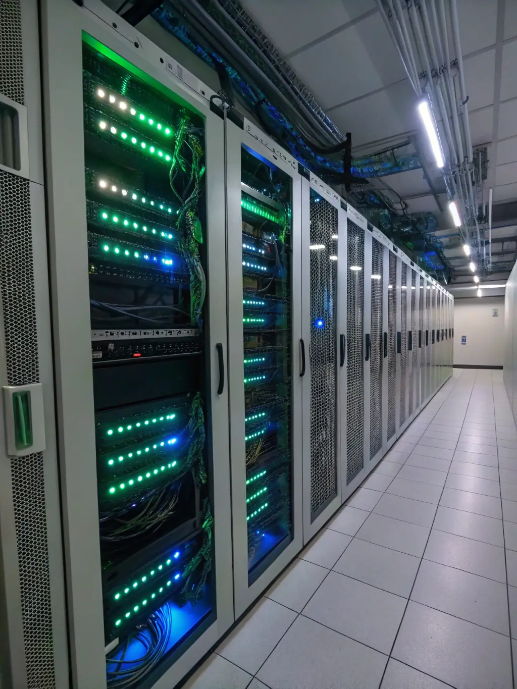 A neatly organized server room with color-coded Cat6 cables connected to patch panels, showcasing structured cabling expertise.