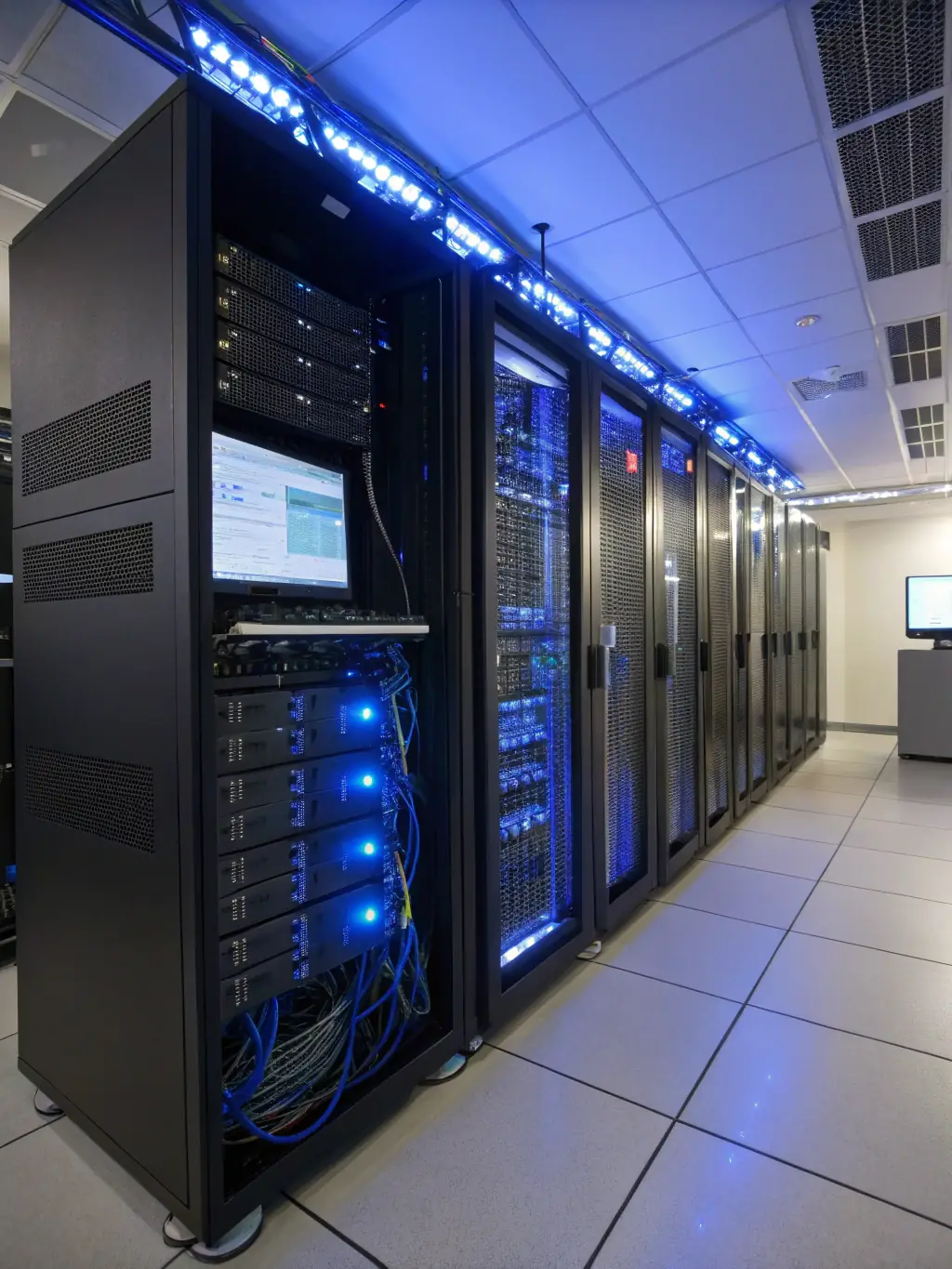 A clean and well-organized MDF/IDF room with properly labeled network racks, demonstrating efficient network infrastructure management.