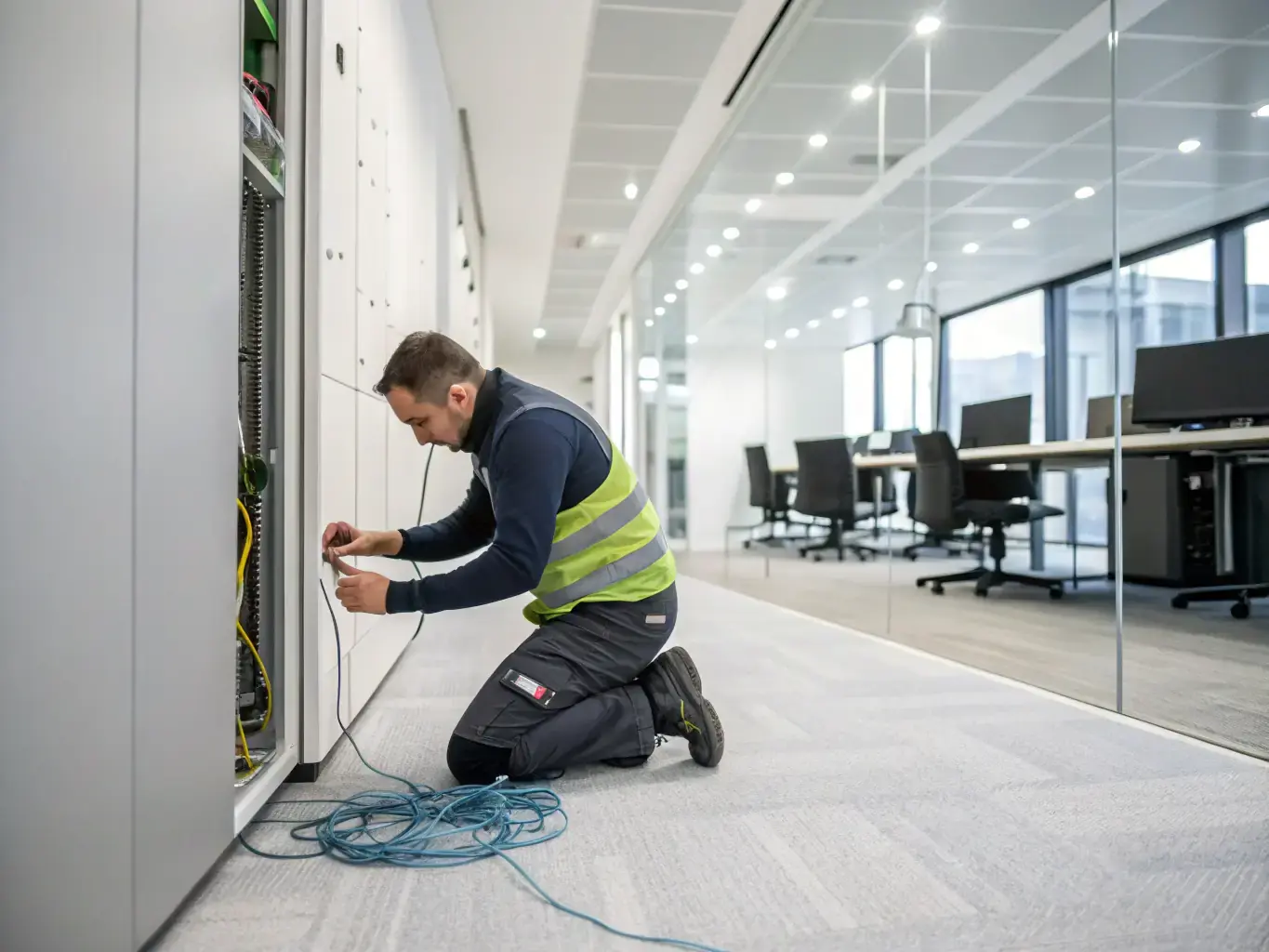 A professional technician installing Cat6 cables in a modern office setting, ensuring high-speed and reliable network connections for DataTel 360's client.
