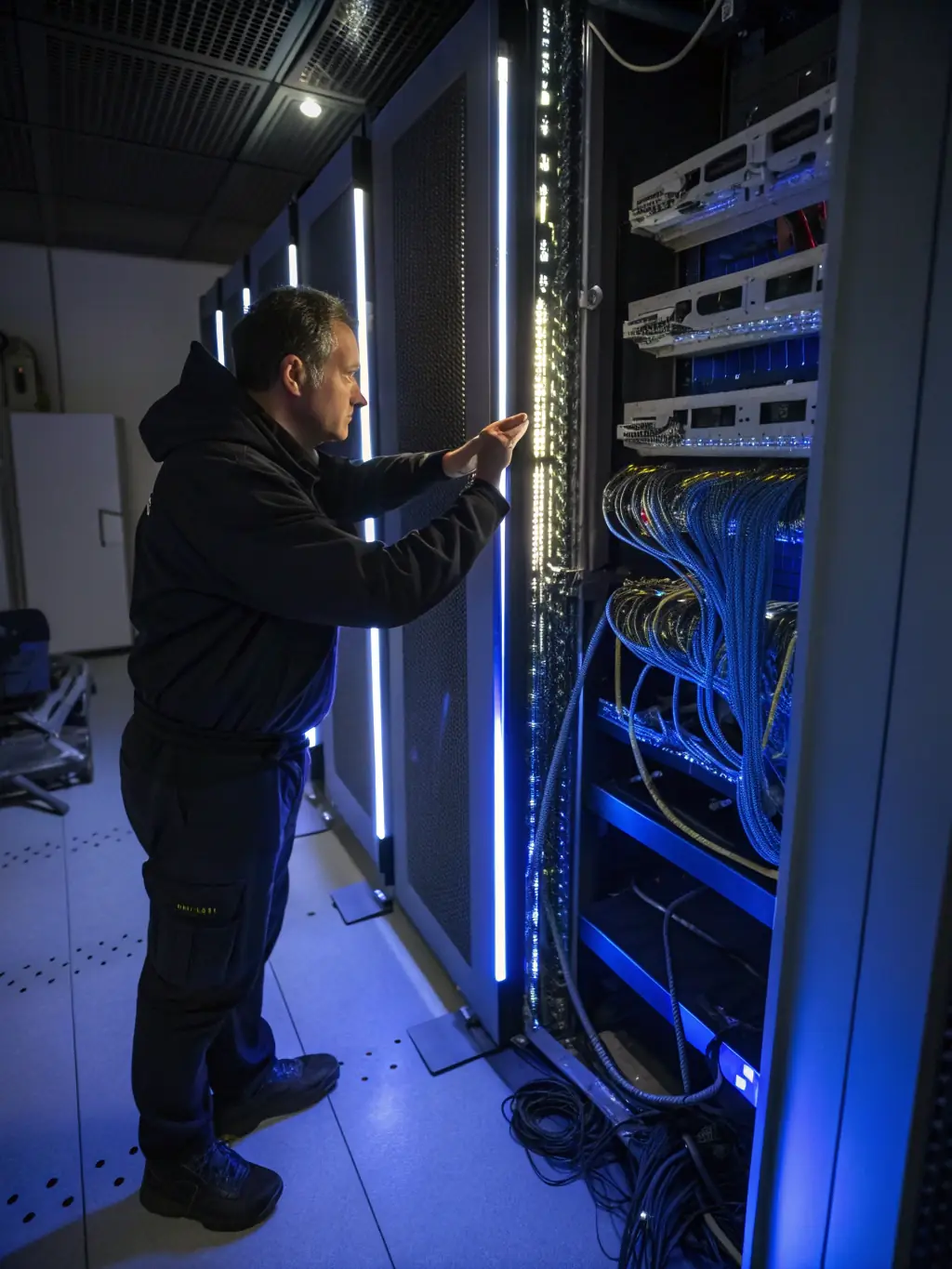 A technician replacing a faulty device in a network setup, highlighting DataTel 360's device swap service.