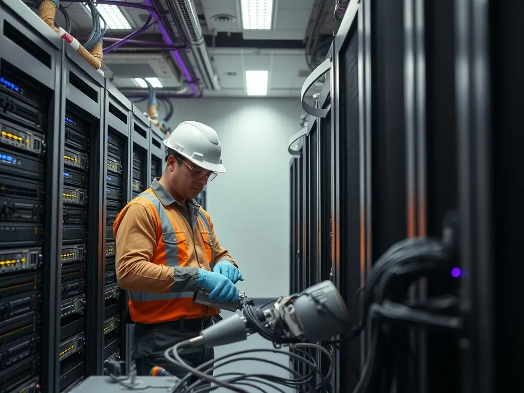 A professional DataTel 360 technician is shown efficiently installing network cabling in a server room, highlighting the company's commitment to nationwide coverage and rapid response times.