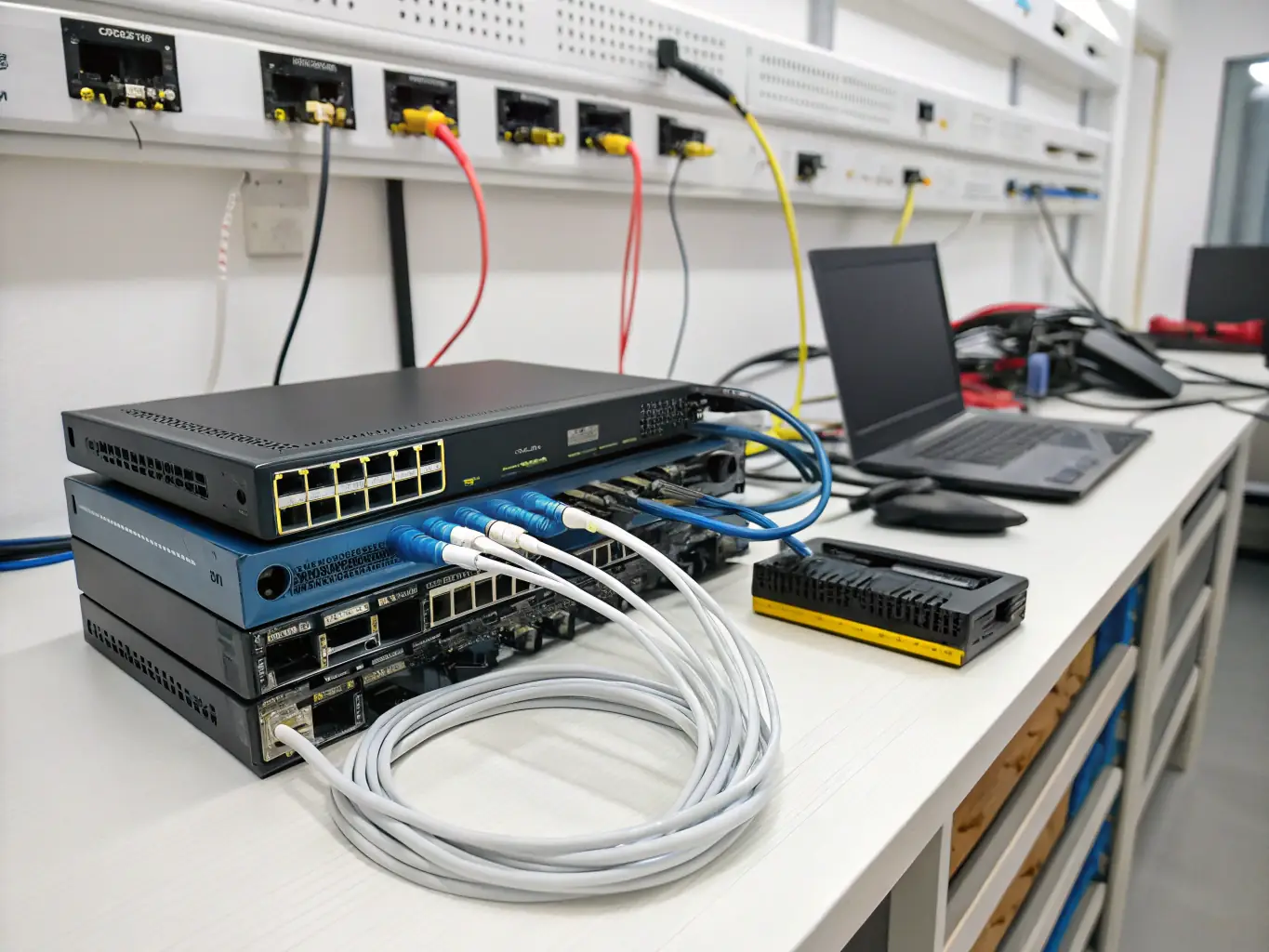 A close-up shot of a newly installed, neatly organized network switch in a server rack, highlighting the clean cabling and professional installation by DataTel 360.