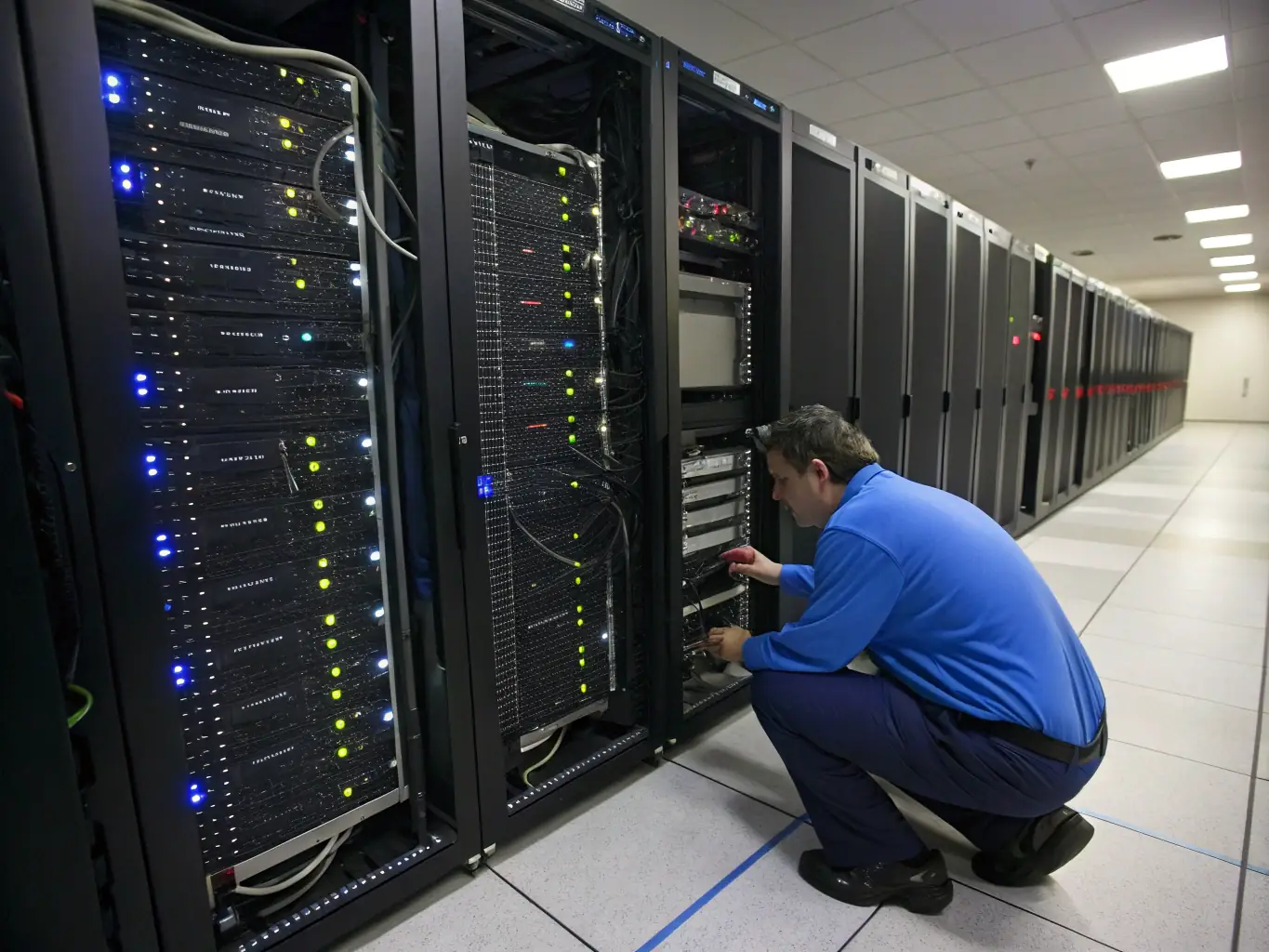 A DataTel 360 technician is shown consulting with a client in front of a network rack, discussing the initial planning stages of a network equipment installation project.
